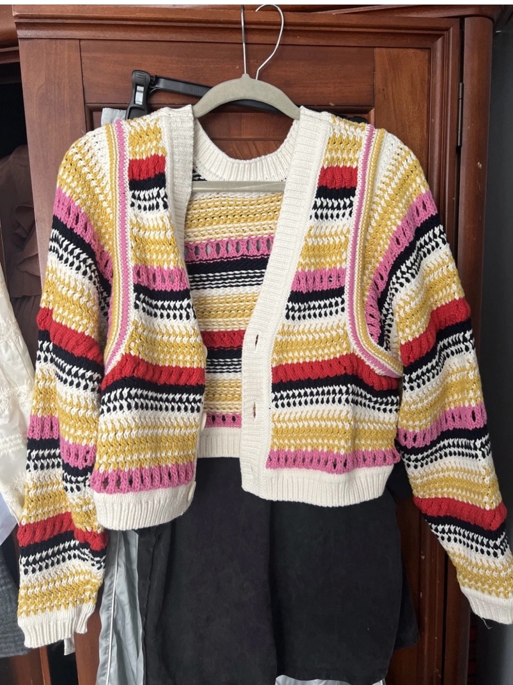 ba&sh Romy Cropped Crochet Cardigan in Cream, Pink, Yellow, Black & Red